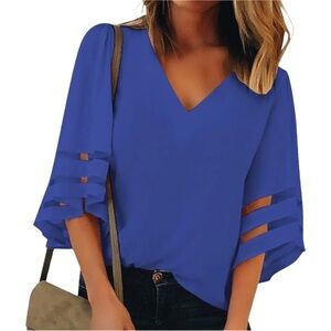JOUICA Women’s Bright Blue Short Semi-sheer Sleeves Blouse